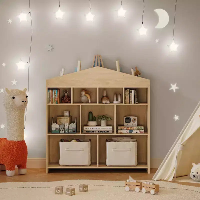 Colore Bianco/Legno, a Forma di Casa, Libreria per Bambini a 9 Scomparti e Porta Giocattoli