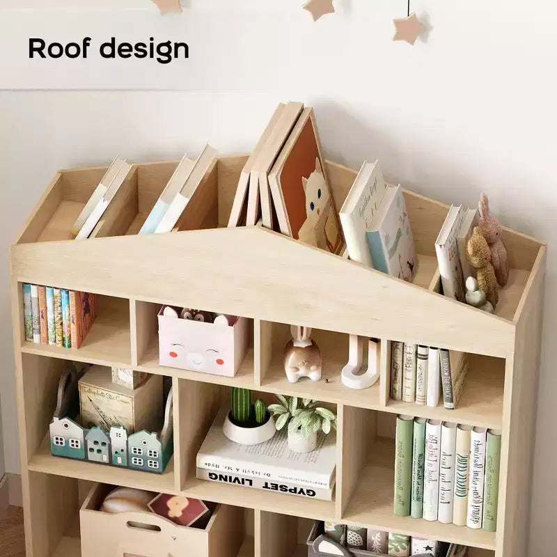 Colore Bianco/Legno, a Forma di Casa, Libreria per Bambini a 9 Scomparti e Porta Giocattoli