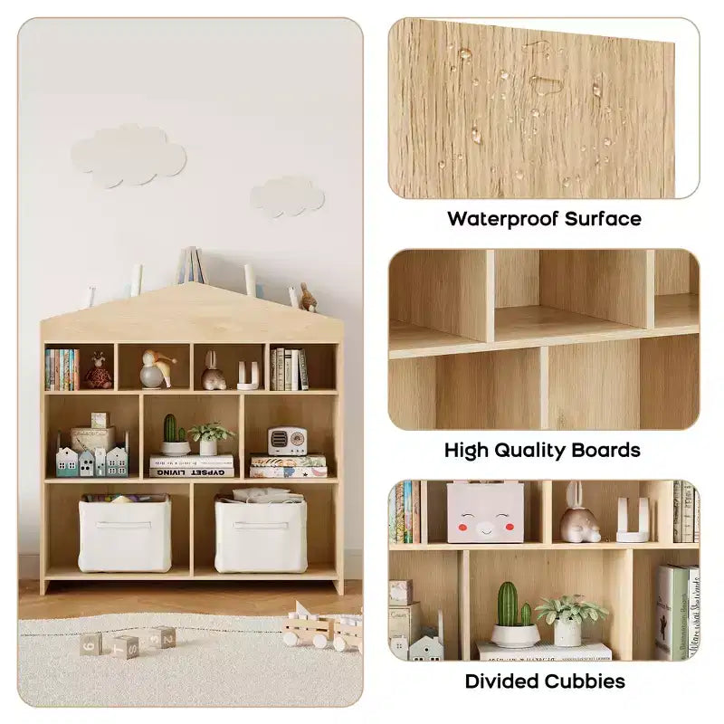 Colore Bianco/Legno, a Forma di Casa, Libreria per Bambini a 9 Scomparti e Porta Giocattoli