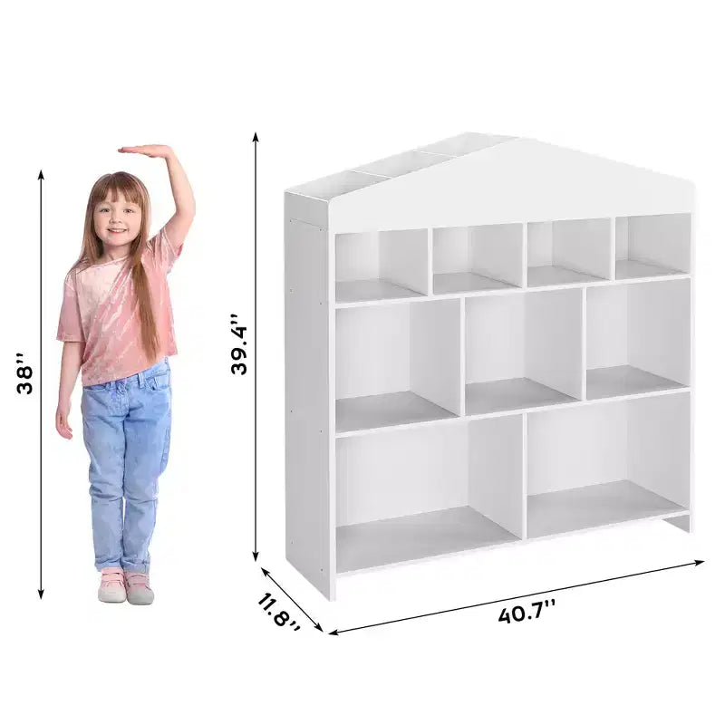 Colore Bianco/Legno, a Forma di Casa, Libreria per Bambini a 9 Scomparti e Porta Giocattoli