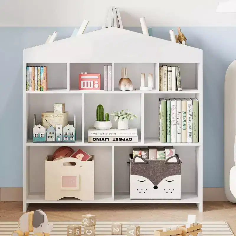 Colore Bianco/Legno, a Forma di Casa, Libreria per Bambini a 9 Scomparti e Porta Giocattoli