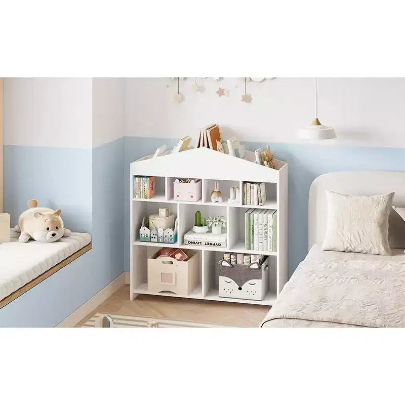 Colore Bianco/Legno, a Forma di Casa, Libreria per Bambini a 9 Scomparti e Porta Giocattoli