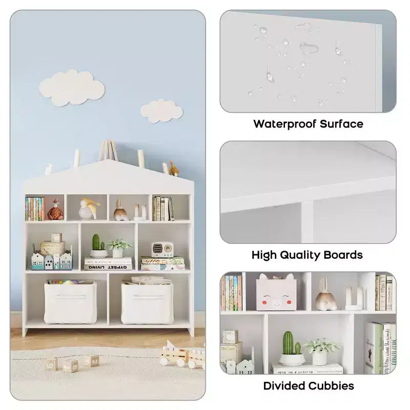 Colore Bianco/Legno, a Forma di Casa, Libreria per Bambini a 9 Scomparti e Porta Giocattoli