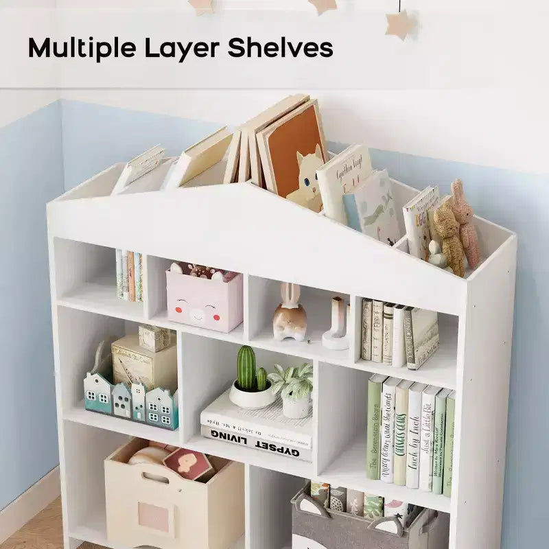 Colore Bianco/Legno, a Forma di Casa, Libreria per Bambini a 9 Scomparti e Porta Giocattoli