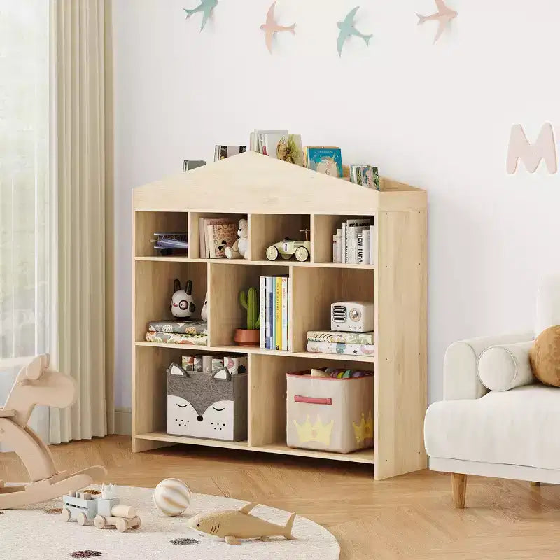 Colore Bianco/Legno, a Forma di Casa, Libreria per Bambini a 9 Scomparti e Porta Giocattoli