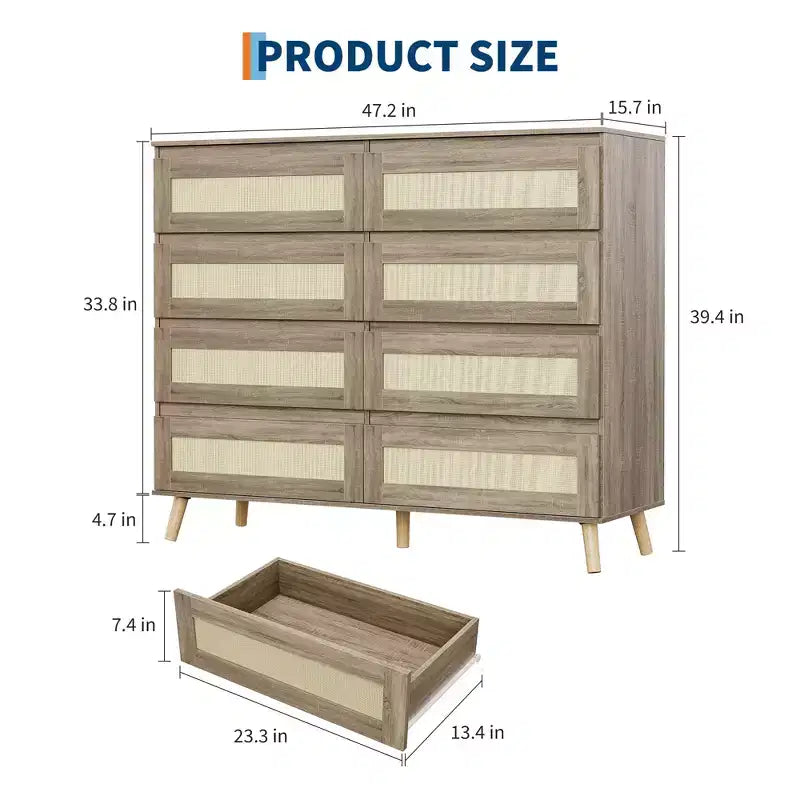 Cassettiera in rattan naturale a 8 cassetti, singola, marrone