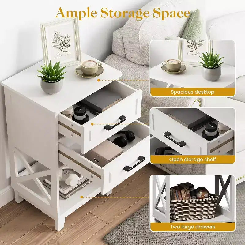 Comodino rettangolare bianco con 2 cassetti e ripiano aperto, 1-2 persone