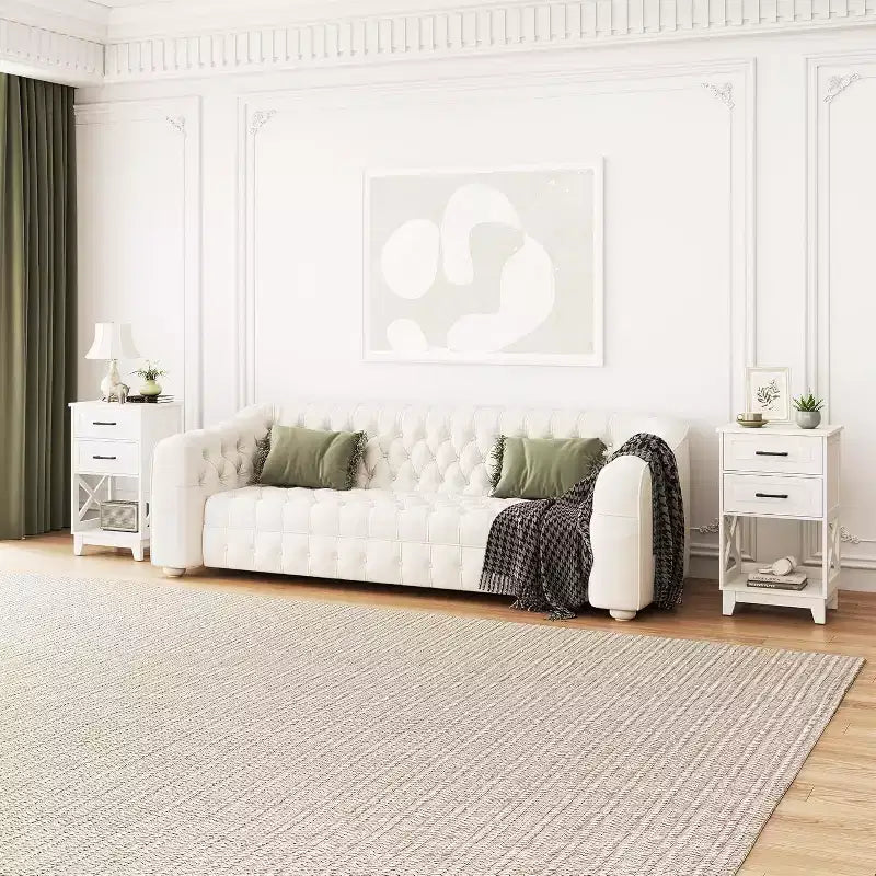 Comodino rettangolare bianco con 2 cassetti e ripiano aperto, 1-2 persone