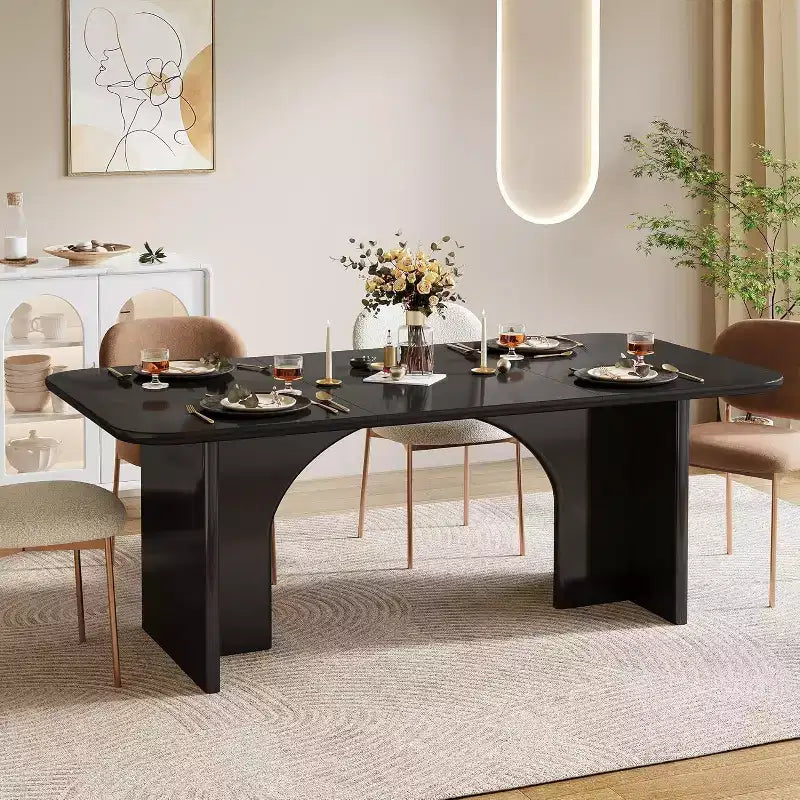 Tavolo da pranzo rettangolare bianco/nero con gambe ad arco, 4-6 posti