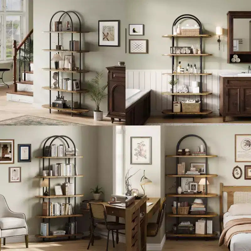 Libreria Vintage ad Arco a 5 Ripiani Marrone, Struttura in Metallo, Set da 2