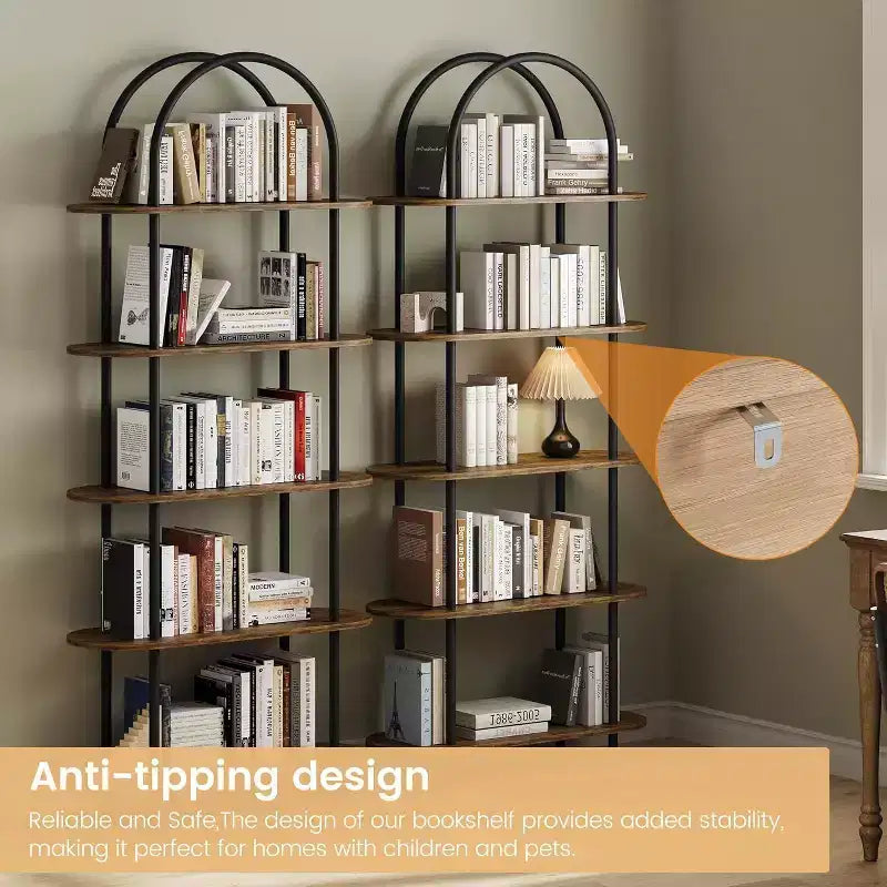 Libreria Vintage ad Arco a 5 Ripiani Marrone, Struttura in Metallo, Set da 2