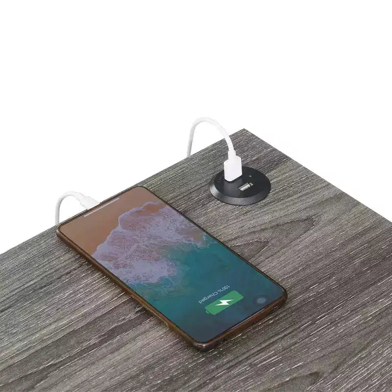 Tavolino finale grigio incrociato con stazione di ricarica USB e ripiano a 2 livelli