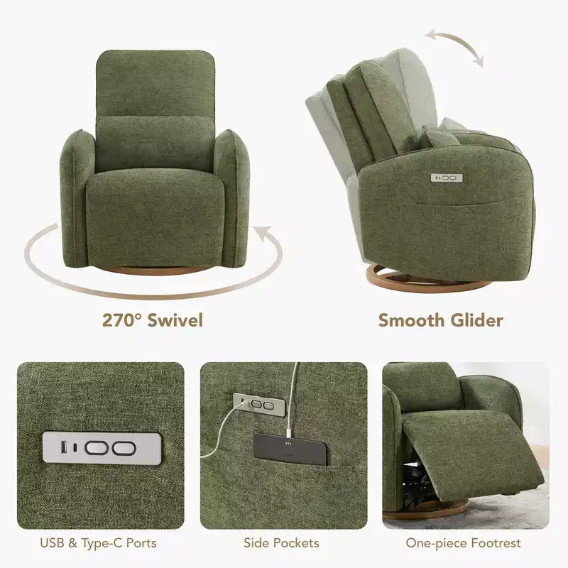 Poltrona reclinabile a dondolo girevole elettrica nei colori Khaki / Lino / Verde muschio, girevole a 270°, 1 posto