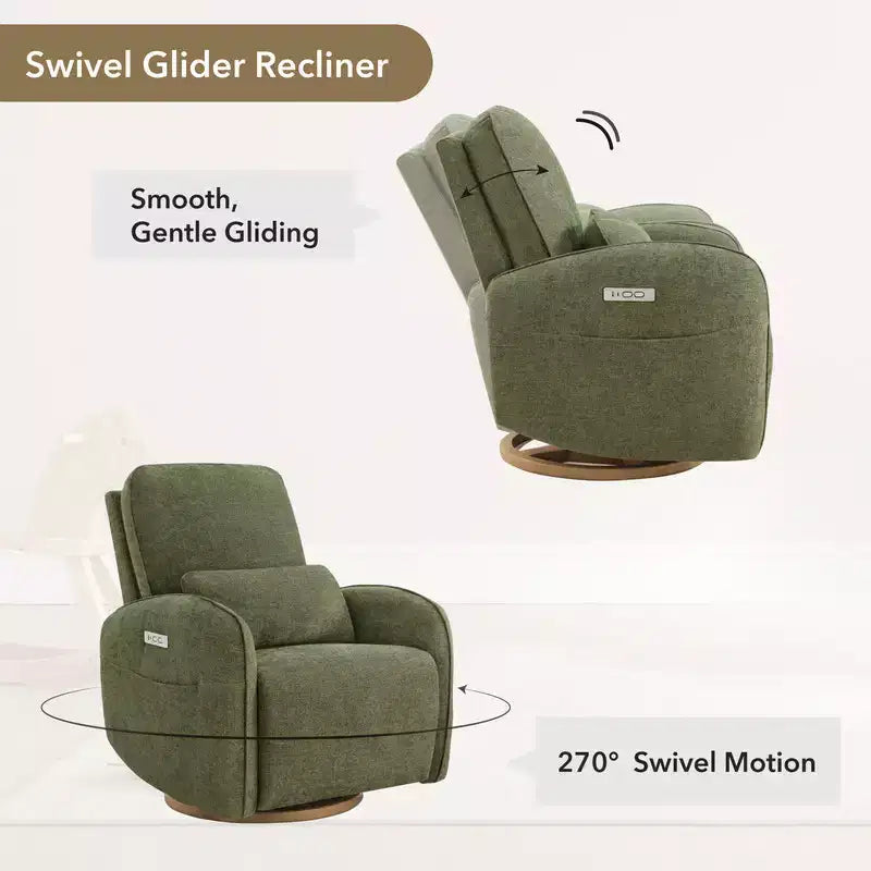 Poltrona reclinabile a dondolo girevole elettrica nei colori Khaki / Lino / Verde muschio, girevole a 270°, 1 posto
