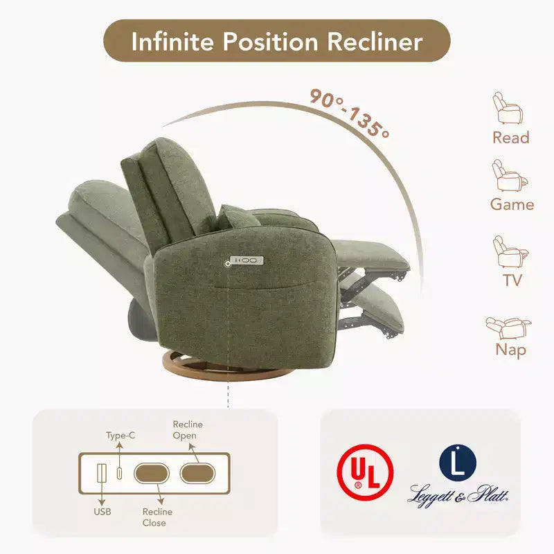 Poltrona reclinabile a dondolo girevole elettrica nei colori Khaki / Lino / Verde muschio, girevole a 270°, 1 posto