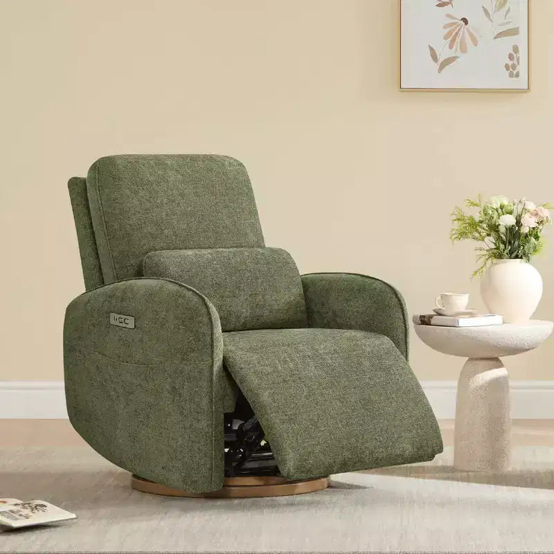 Poltrona reclinabile a dondolo girevole elettrica nei colori Khaki / Lino / Verde muschio, girevole a 270°, 1 posto