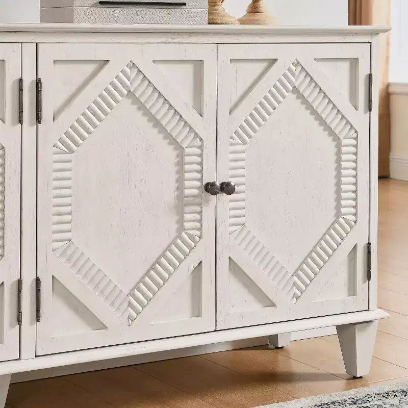 Credenza Mid-Century color bianco antico / nero / noce, armadio a buffet a 4 ante e 4 ripiani, 1 posto a sedere