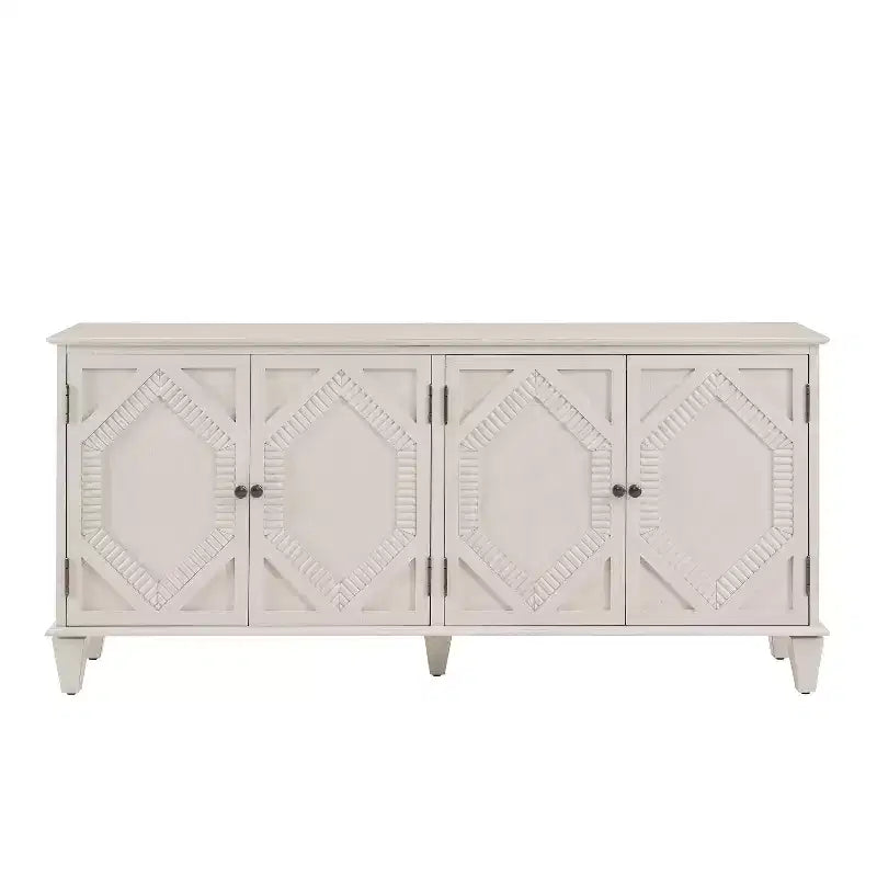 Credenza Mid-Century color bianco antico / nero / noce, armadio a buffet a 4 ante e 4 ripiani, 1 posto a sedere