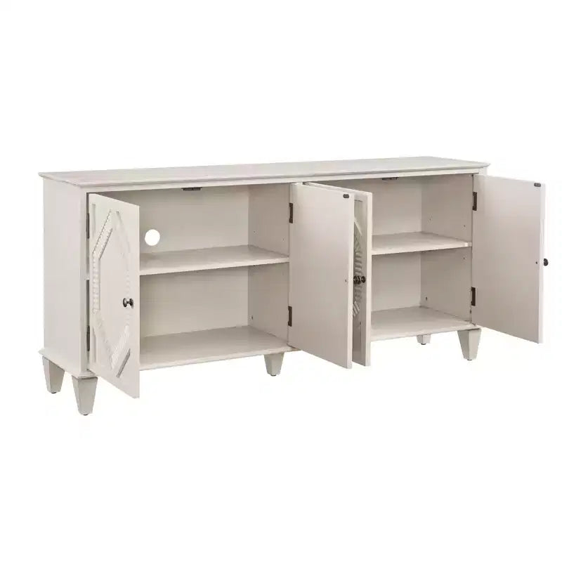 Credenza Mid-Century color bianco antico / nero / noce, armadio a buffet a 4 ante e 4 ripiani, 1 posto a sedere