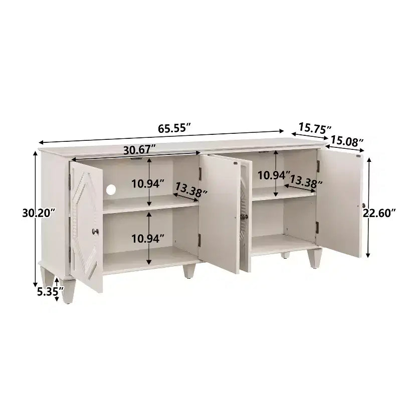 Credenza Mid-Century color bianco antico / nero / noce, armadio a buffet a 4 ante e 4 ripiani, 1 posto a sedere
