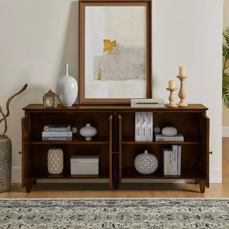Credenza Mid-Century color bianco antico / nero / noce, armadio a buffet a 4 ante e 4 ripiani, 1 posto a sedere