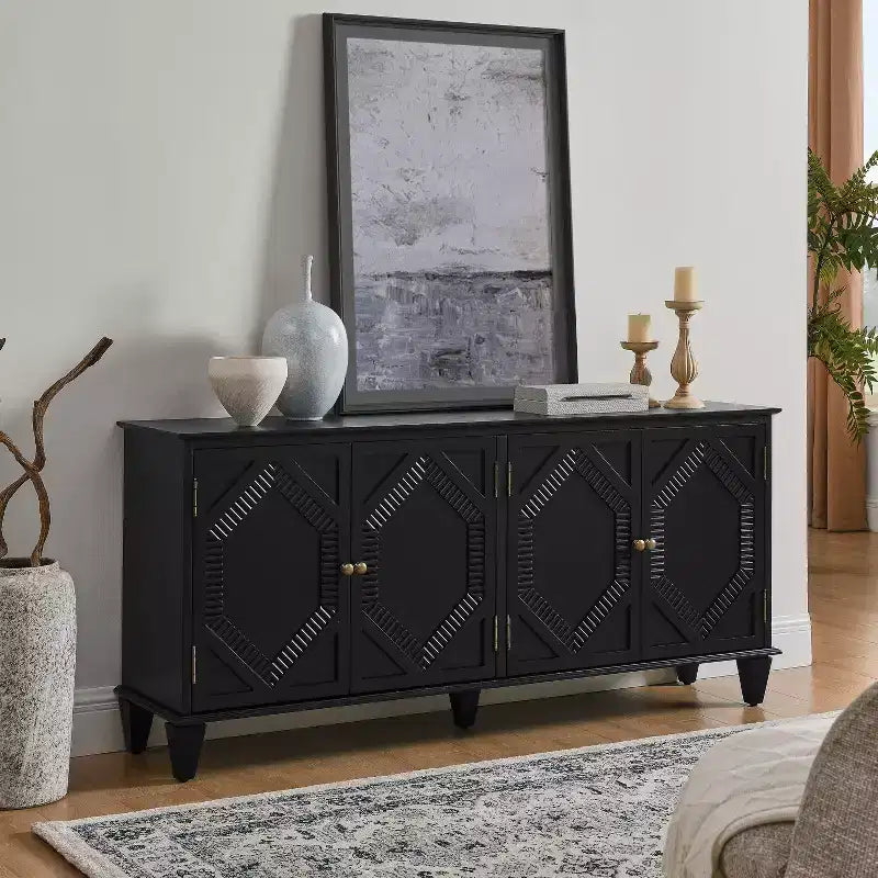 Credenza Mid-Century color bianco antico / nero / noce, armadio a buffet a 4 ante e 4 ripiani, 1 posto a sedere