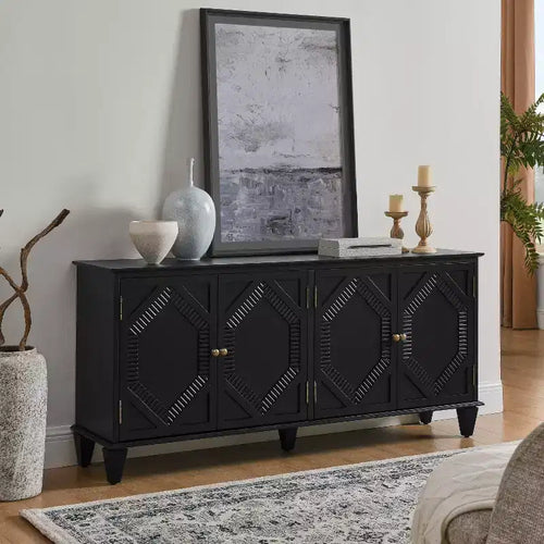 Credenza Mid-Century color bianco antico / nero / noce, armadio a buffet a 4 ante e 4 ripiani, 1 posto a sedere