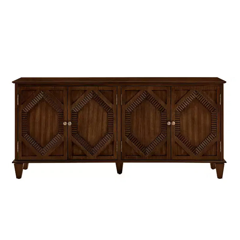 Credenza Mid-Century color bianco antico / nero / noce, armadio a buffet a 4 ante e 4 ripiani, 1 posto a sedere