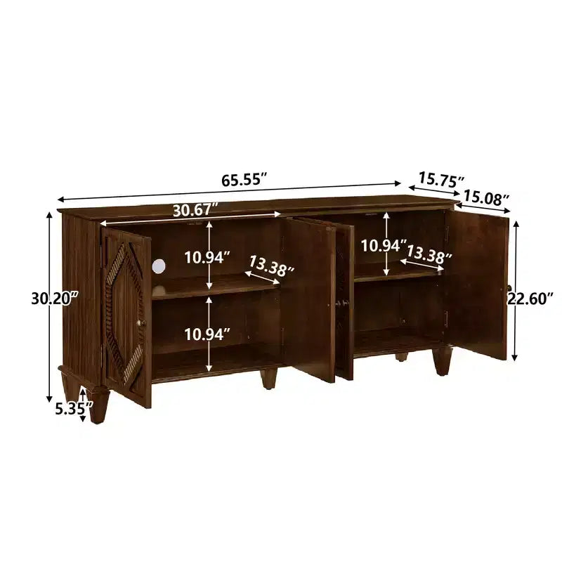Credenza Mid-Century color bianco antico / nero / noce, armadio a buffet a 4 ante e 4 ripiani, 1 posto a sedere