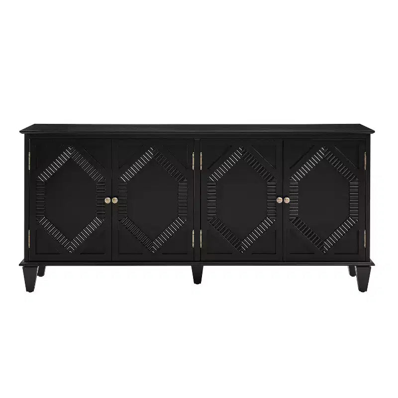 Credenza Mid-Century color bianco antico / nero / noce, armadio a buffet a 4 ante e 4 ripiani, 1 posto a sedere