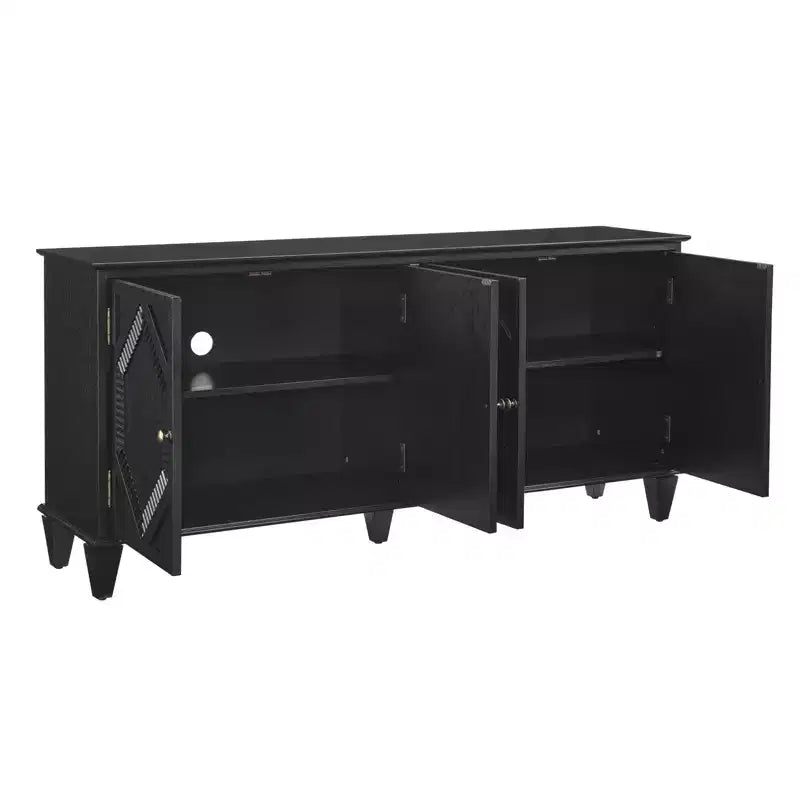 Credenza Mid-Century color bianco antico / nero / noce, armadio a buffet a 4 ante e 4 ripiani, 1 posto a sedere