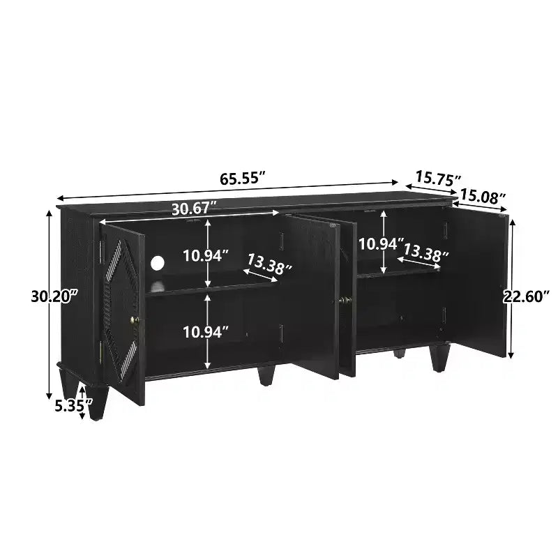 Credenza Mid-Century color bianco antico / nero / noce, armadio a buffet a 4 ante e 4 ripiani, 1 posto a sedere