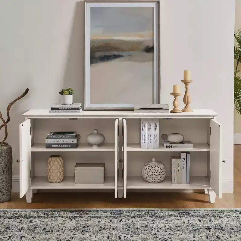 Credenza Mid-Century color bianco antico / nero / noce, armadio a buffet a 4 ante e 4 ripiani, 1 posto a sedere