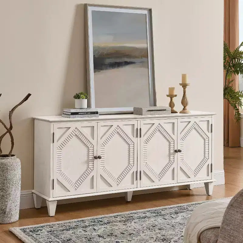 Credenza Mid-Century color bianco antico / nero / noce, armadio a buffet a 4 ante e 4 ripiani, 1 posto a sedere