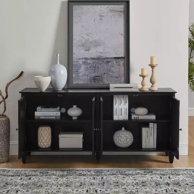 Credenza Mid-Century color bianco antico / nero / noce, armadio a buffet a 4 ante e 4 ripiani, 1 posto a sedere