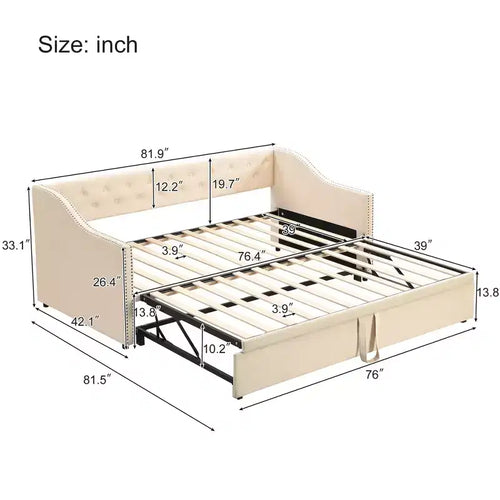 Letto da giorno imbottito singolo beige con letto estraibile a scomparsa, due posti letto