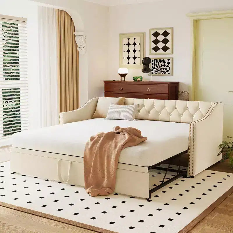 Letto da giorno imbottito singolo beige con letto estraibile a scomparsa, due posti letto