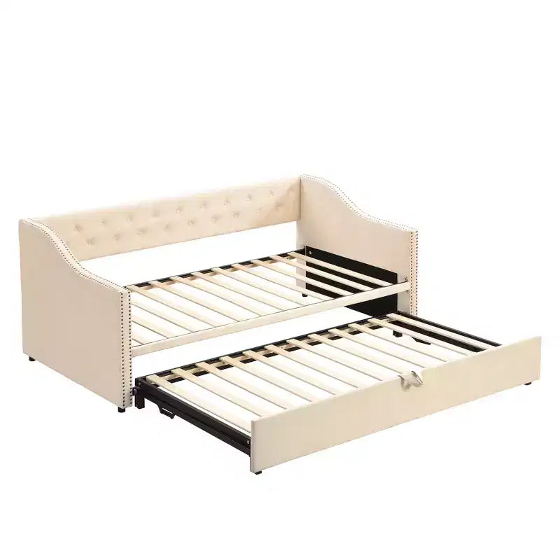 Letto da giorno imbottito singolo beige con letto estraibile a scomparsa, due posti letto