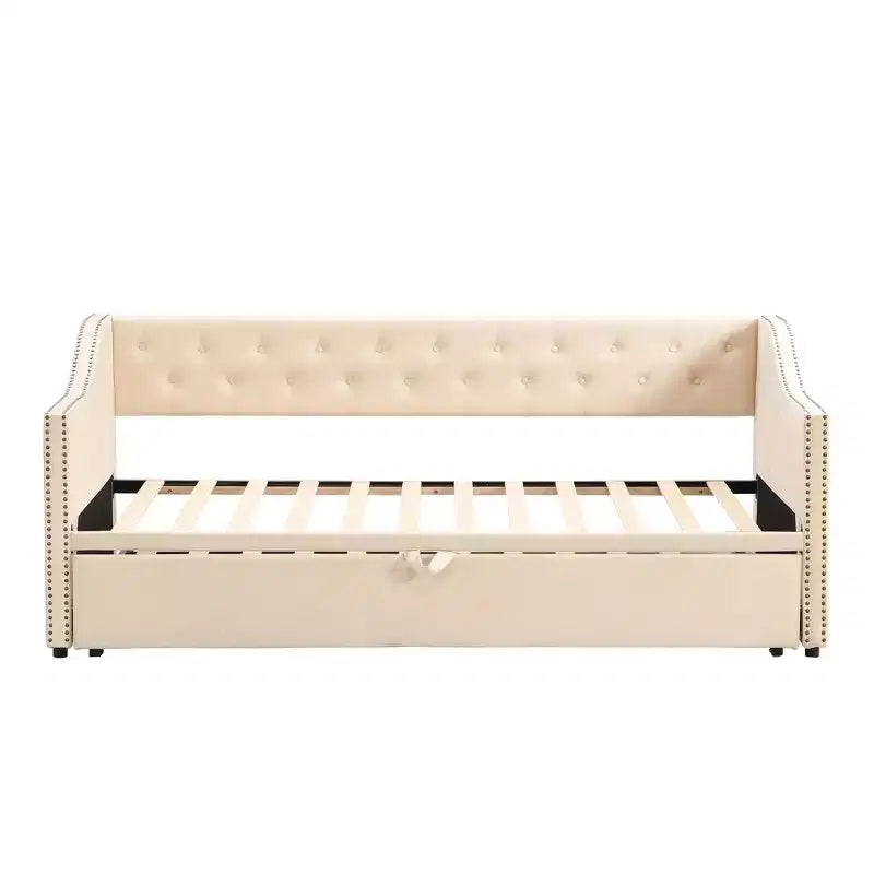 Letto da giorno imbottito singolo beige con letto estraibile a scomparsa, due posti letto
