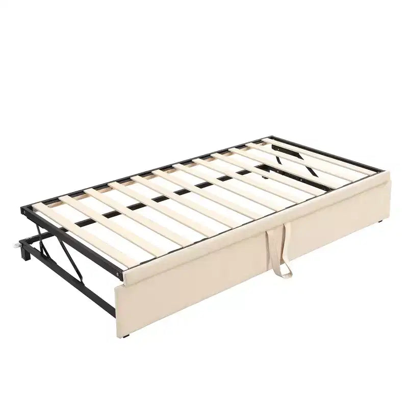 Letto da giorno imbottito singolo beige con letto estraibile a scomparsa, due posti letto