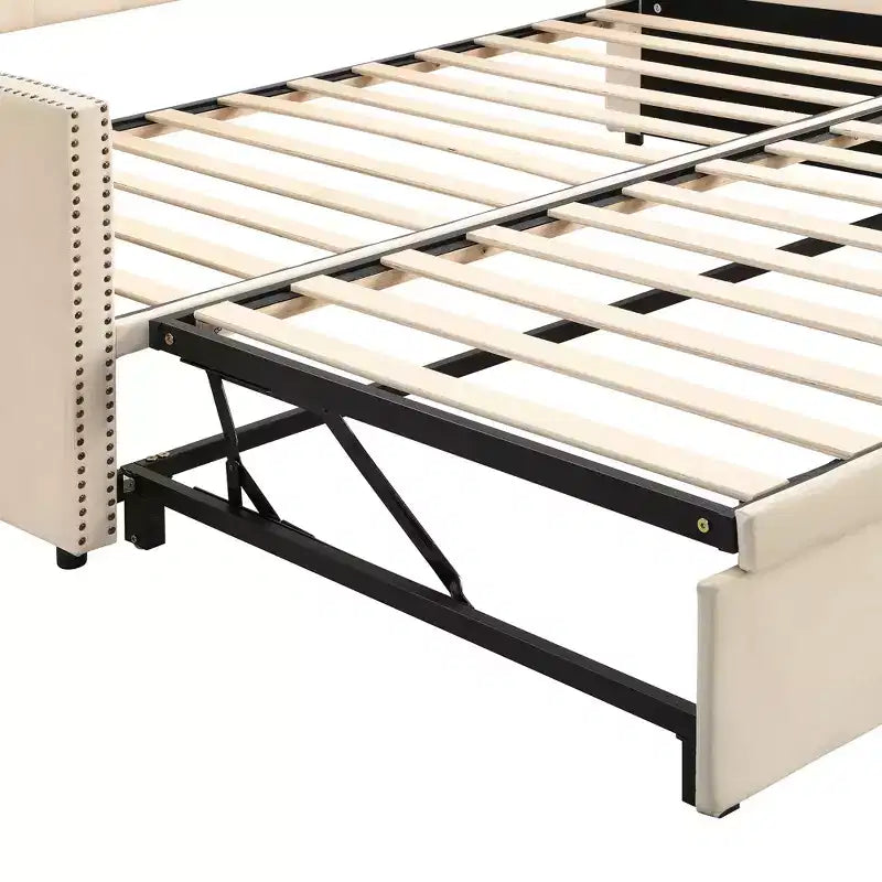 Letto da giorno imbottito singolo beige con letto estraibile a scomparsa, due posti letto