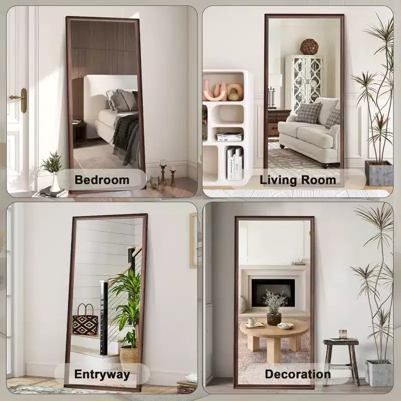 Specchio a figura intera beige/marrone con cornice in legno – Montaggio a parete o a pavimento, 1 persona