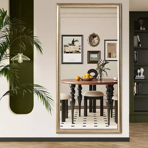 Specchio a figura intera beige/marrone con cornice in legno – Montaggio a parete o a pavimento, 1 persona