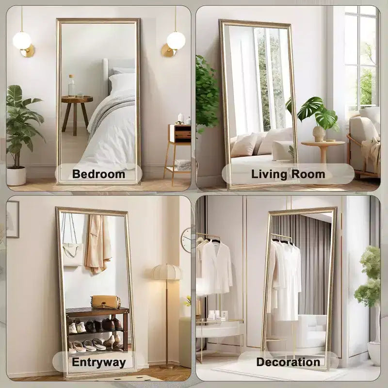 Specchio a figura intera beige/marrone con cornice in legno – Montaggio a parete o a pavimento, 1 persona