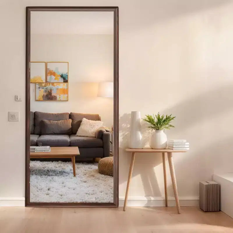 Specchio a figura intera beige/marrone con cornice in legno – Montaggio a parete o a pavimento, 1 persona