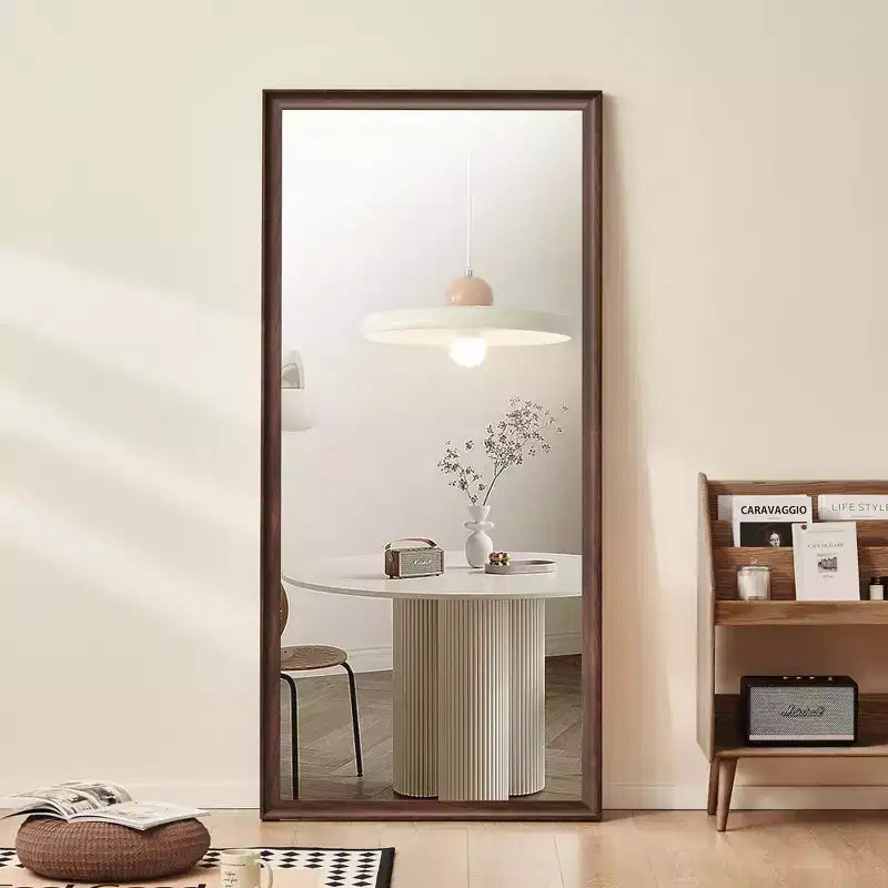 Specchio a figura intera beige/marrone con cornice in legno – Montaggio a parete o a pavimento, 1 persona