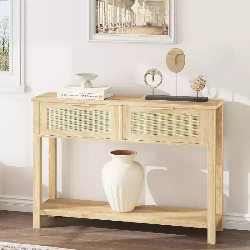 Consolle marrone/color legno in rattan con 2 cassetti, 2 ripiani, 1 persona