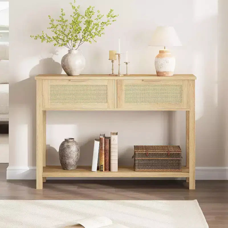 Consolle marrone/color legno in rattan con 2 cassetti, 2 ripiani, 1 persona