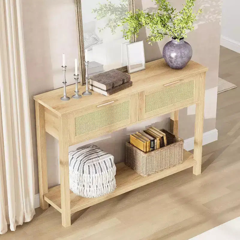 Consolle marrone/color legno in rattan con 2 cassetti, 2 ripiani, 1 persona