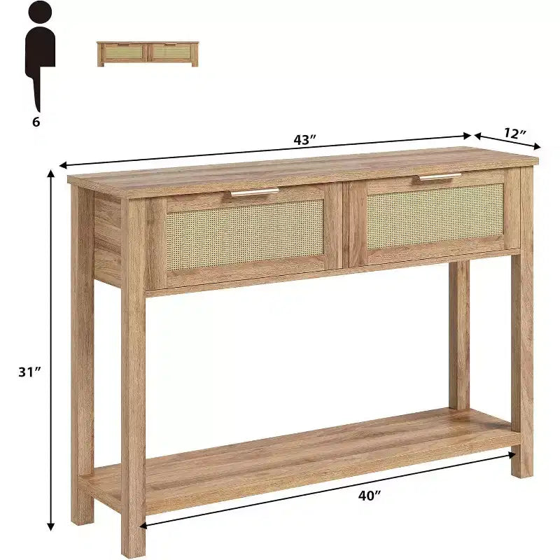 Consolle marrone/color legno in rattan con 2 cassetti, 2 ripiani, 1 persona